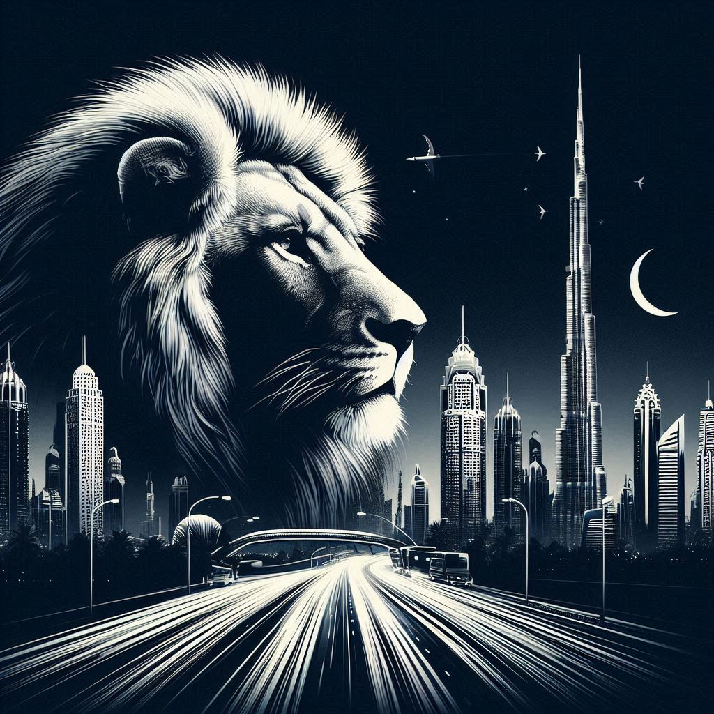 a graphic of a lion and Dubai in dark monochrome